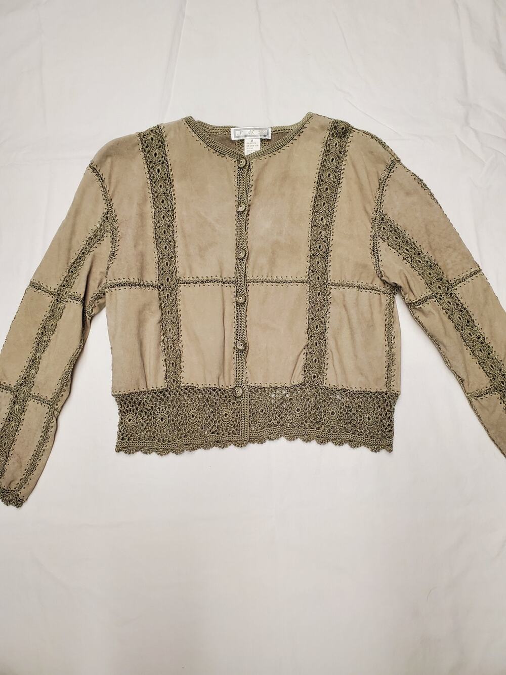 Vintage SMH Suede Leather Crochet Trim Cardigan Jacket Boho Tan Sz M